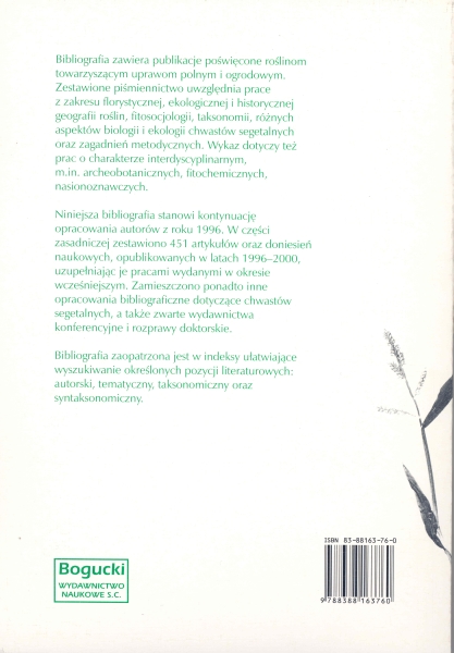 Rewers okładki - Rozmieszczenie, ekologia i biologia chwastów segetalnych. Bibliografia polskich prac za lata 1996-2000