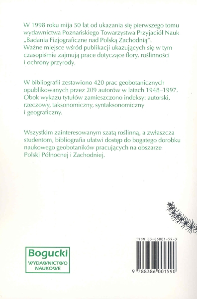 Rewers okładki - Bibliografia prac geobotanicznych opublikowanych w czasopiśmie "Badania Fizjograficzne nad Polską Zachodnią" w latach 1948-1997