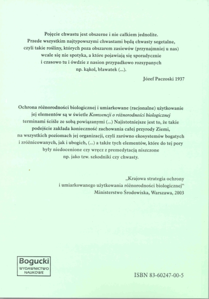 Rewers okładki - Flora i roślinność segetalna obszarów chronionych. Materiały sesji referatowej, plakatowej i terenowej XXIX Krajowej Konferencji Naukowej z cyklu "Rejonizacja chwastów segetalnych w Polsce"